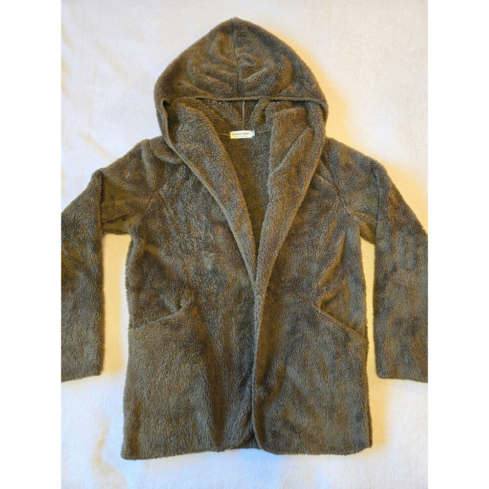 Sz S/M ANNA-KACI Loden Green Teddy Fleece Hooded Open Cardigan Robe Sweater